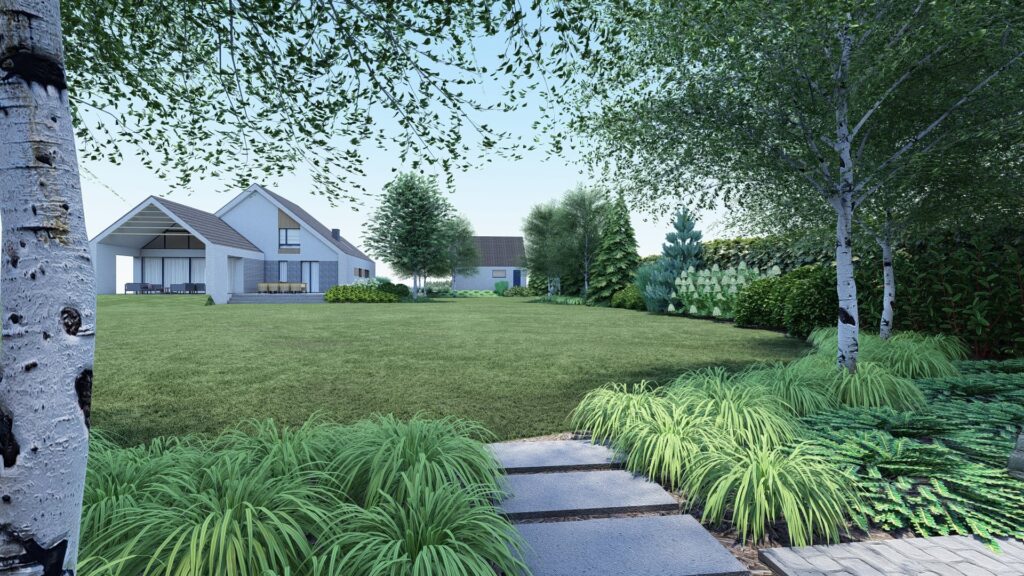 Projekt ogrodu przy domu jednorodzinnym z rabatami i trawnikiem – Flora Garden Kraków