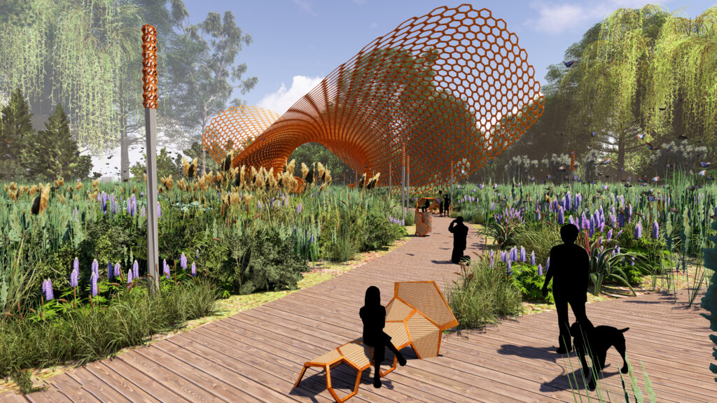 Projekt zieleni miejskiej z nowoczesną architekturą i ścieżką spacerową – Flora Garden Kraków