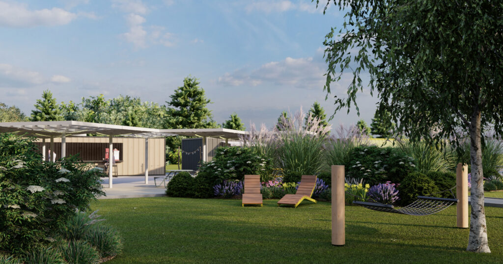 Projekt strefy relaksu w ogrodzie z leżakami, hamakiem i roślinnością ozdobną – Flora Garden Kraków